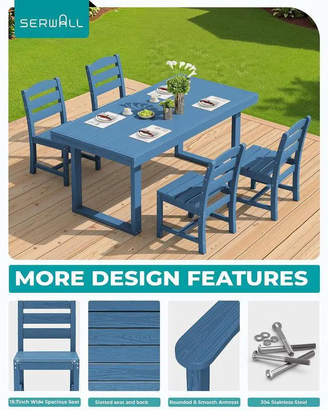 Alt view image 4 of 7 - HDPE Outdoor Dining Set for 4, 67'' All Weather Patio Dining Table and Armless Chairs Set for Deck, Lawn, Blue