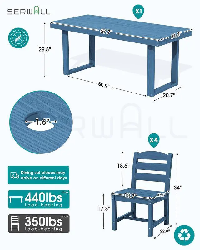 Alt view image 2 of 7 - HDPE Outdoor Dining Set for 4, 67'' All Weather Patio Dining Table and Armless Chairs Set for Deck, Lawn, Blue