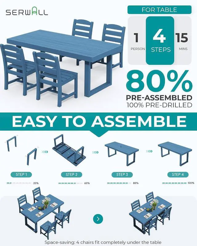 Alt view image 7 of 7 - HDPE Outdoor Dining Set for 4, 67'' All Weather Patio Dining Table and Armless Chairs Set for Deck, Lawn, Blue