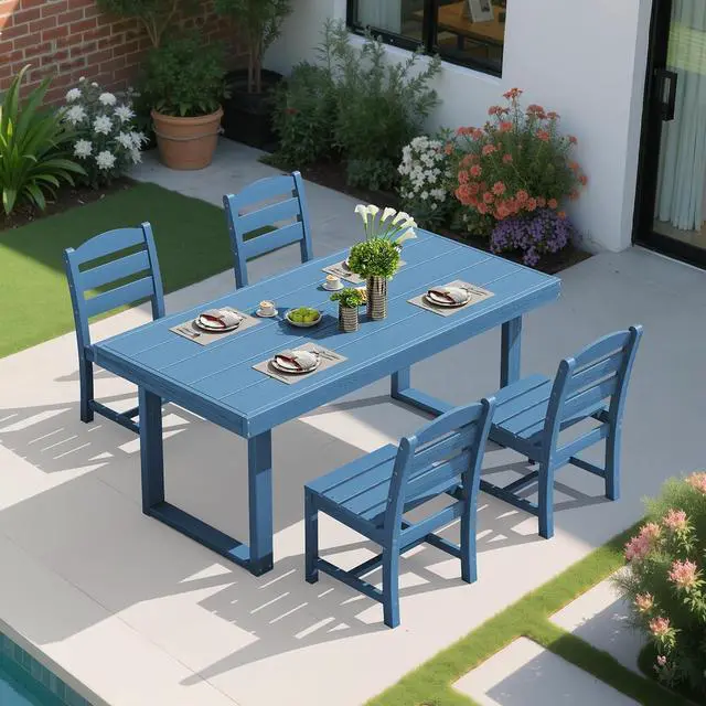Alt view image 6 of 7 - HDPE Outdoor Dining Set for 4, 67'' All Weather Patio Dining Table and Armless Chairs Set for Deck, Lawn, Blue