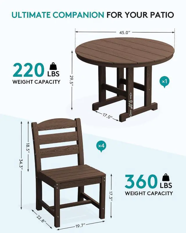 Alt view image 3 of 7 - 5-Piece Patio Dining Sets, HDPE Outdoor Table and Chairs Furniture Set, 45" Round Dining Table and 4 Armless Dining Chairs, Coffee