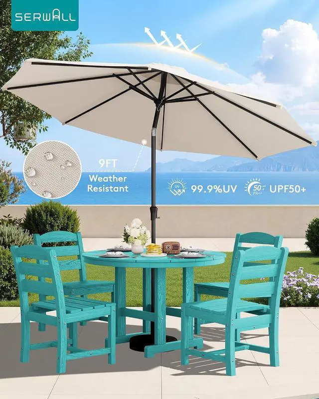 Alt view image 3 of 7 - 6-Piece Patio Dining Sets, HDPE Outdoor Table and Chairs Furniture Set with Umbrella, 45" Round Dining Table & 4 Armless Dining Chairs & 1 9FT Umbrella, Aruba(Not Include Umbrella Base)