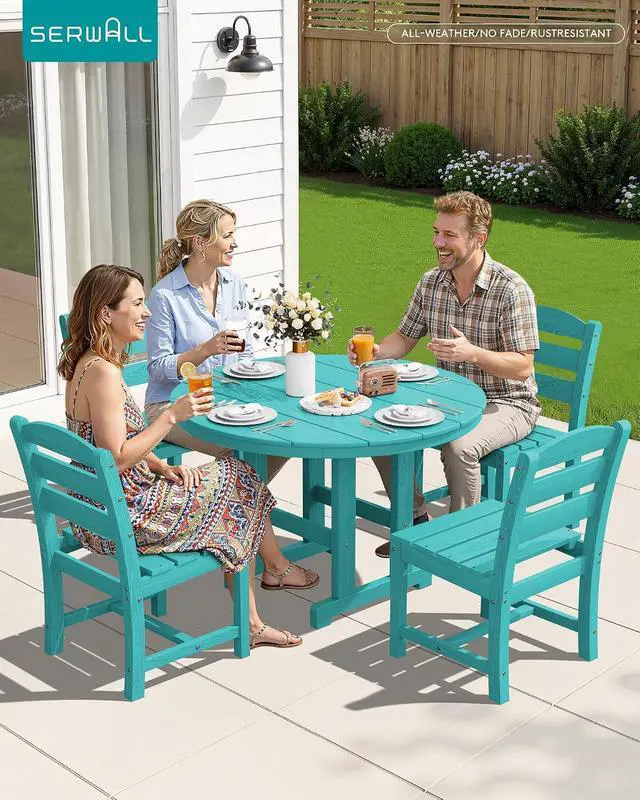Alt view image 7 of 7 - 6-Piece Patio Dining Sets, HDPE Outdoor Table and Chairs Furniture Set with Umbrella, 45" Round Dining Table & 4 Armless Dining Chairs & 1 9FT Umbrella, Aruba(Not Include Umbrella Base)