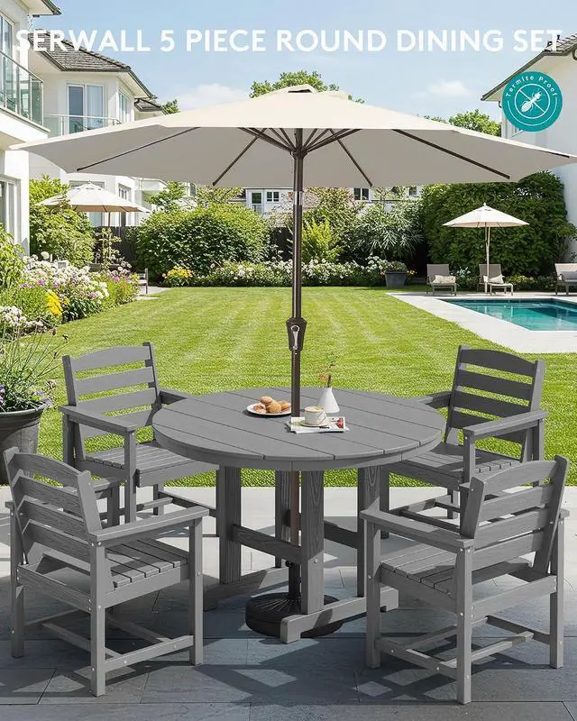Alt view image 3 of 7 - 5-Piece Patio Dining Sets, HDPE Outdoor Table and Chairs Furniture Set, 45" Round Dining Table and 4 Dining Chairs, Gray