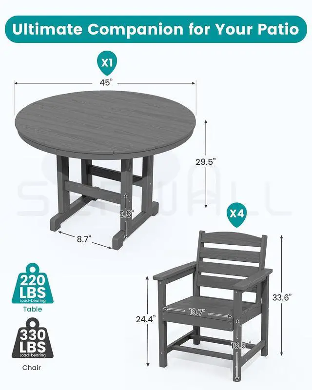 Alt view image 2 of 7 - 5-Piece Patio Dining Sets, HDPE Outdoor Table and Chairs Furniture Set, 45" Round Dining Table and 4 Dining Chairs, Gray