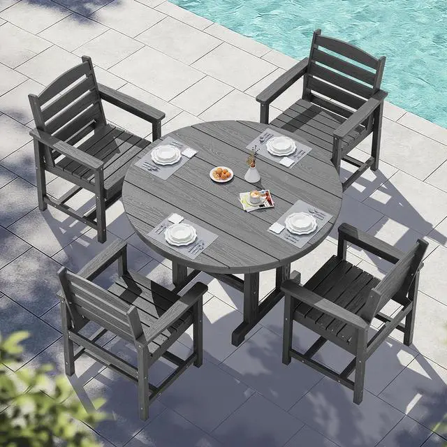 Main image of 5-Piece Patio Dining Sets, HDPE Outdoor Table and Chairs Furniture Set, 45" Round Dining Table and 4 Dining Chairs, Gray