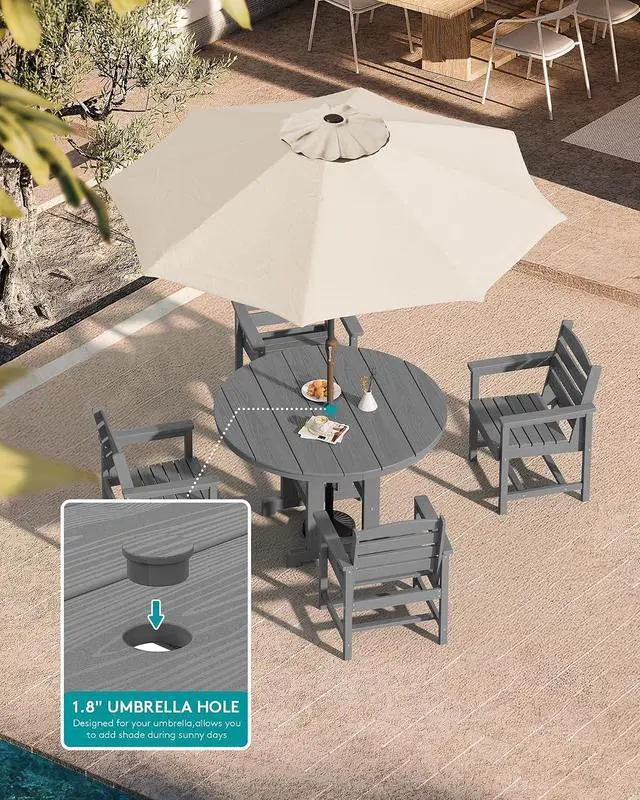 Alt view image 4 of 7 - 5-Piece Patio Dining Sets, HDPE Outdoor Table and Chairs Furniture Set, 45" Round Dining Table and 4 Dining Chairs, Gray