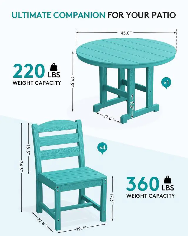 Alt view image 2 of 7 - 6-Piece Patio Dining Sets, HDPE Outdoor Table and Chairs Furniture Set with Umbrella, 45" Round Dining Table & 4 Armless Dining Chairs & 1 9FT Umbrella, Aruba(Not Include Umbrella Base)