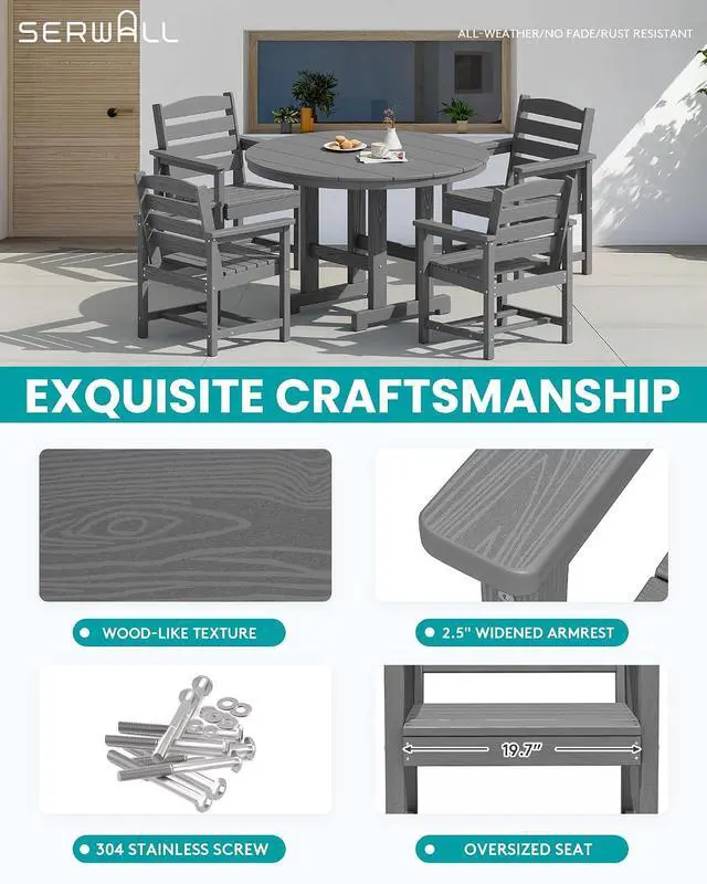 Alt view image 5 of 7 - 5-Piece Patio Dining Sets, HDPE Outdoor Table and Chairs Furniture Set, 45" Round Dining Table and 4 Dining Chairs, Gray