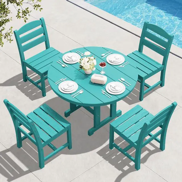 Main image of 5-Piece Patio Dining Sets, HDPE Outdoor Table and Chairs Furniture Set, 45" Round Dining Table and 4 Armless Dining Chairs, Aruba