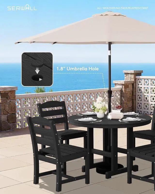 Alt view image 2 of 7 - 5-Piece Outdoor Round Dining Sets, HDPE Patio Table and Chairs Furniture Set, 45" Round Dining Table and 4 Armless Dining Chairs, Black