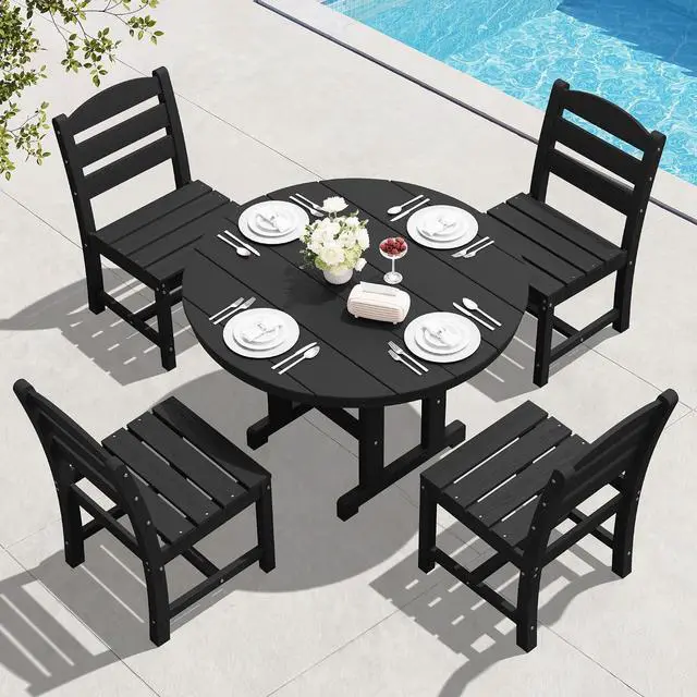 Main image of 5-Piece Outdoor Round Dining Sets, HDPE Patio Table and Chairs Furniture Set, 45" Round Dining Table and 4 Armless Dining Chairs, Black