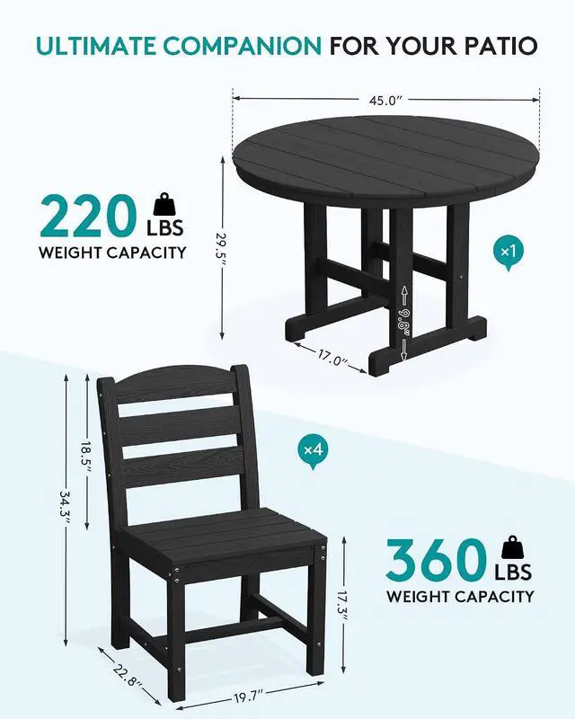 Alt view image 3 of 7 - 5-Piece Outdoor Round Dining Sets, HDPE Patio Table and Chairs Furniture Set, 45" Round Dining Table and 4 Armless Dining Chairs, Black