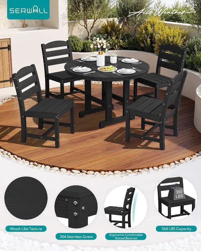Alt view image 5 of 7 - 5-Piece Outdoor Round Dining Sets, HDPE Patio Table and Chairs Furniture Set, 45" Round Dining Table and 4 Armless Dining Chairs, Black