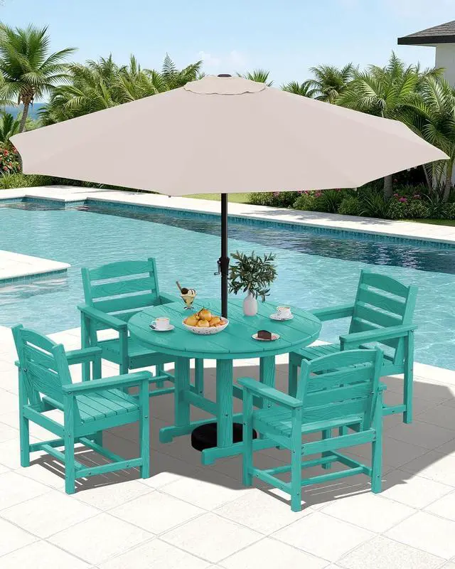 Main image of 6-Piece Patio Dining Sets, HDPE Outdoor Table and Chairs Furniture Set with Umbrella, 45" Round Dining Table & 4 Dining Chairs & 1 9FT Umbrella, Aruba(Not Include Umbrella Base)