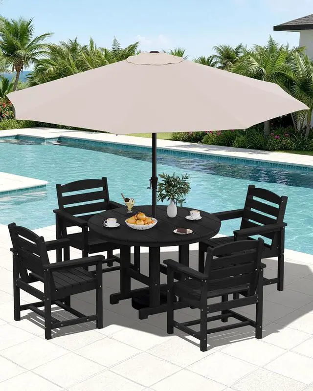 Main image of Outdoor Round Dining Sets with Umbrella, HDPE Patio Table and Chairs Furniture Set, 45" Round Dining Table & 4 Dining Chairs & 1 9FT Umbrella, Black(Not Include Umbrella Base)