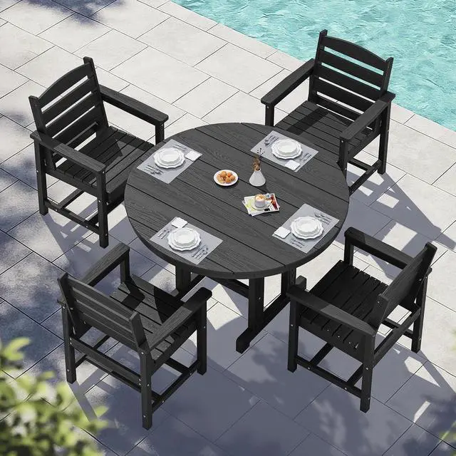 Alt view image 2 of 7 - Outdoor Round Dining Sets with Umbrella, HDPE Patio Table and Chairs Furniture Set, 45" Round Dining Table & 4 Dining Chairs & 1 9FT Umbrella, Black(Not Include Umbrella Base)