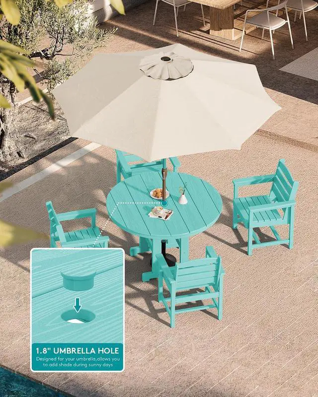 Alt view image 7 of 7 - 6-Piece Patio Dining Sets, HDPE Outdoor Table and Chairs Furniture Set with Umbrella, 45" Round Dining Table & 4 Dining Chairs & 1 9FT Umbrella, Aruba(Not Include Umbrella Base)