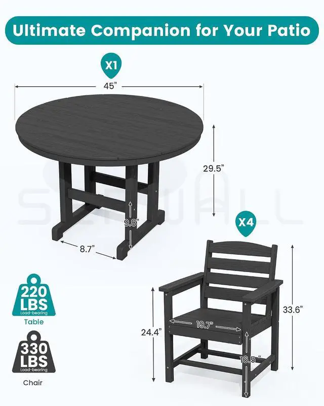 Alt view image 3 of 7 - Outdoor Round Dining Sets with Umbrella, HDPE Patio Table and Chairs Furniture Set, 45" Round Dining Table & 4 Dining Chairs & 1 9FT Umbrella, Black(Not Include Umbrella Base)