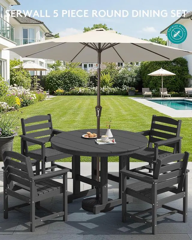Alt view image 5 of 7 - Outdoor Round Dining Sets with Umbrella, HDPE Patio Table and Chairs Furniture Set, 45" Round Dining Table & 4 Dining Chairs & 1 9FT Umbrella, Black(Not Include Umbrella Base)