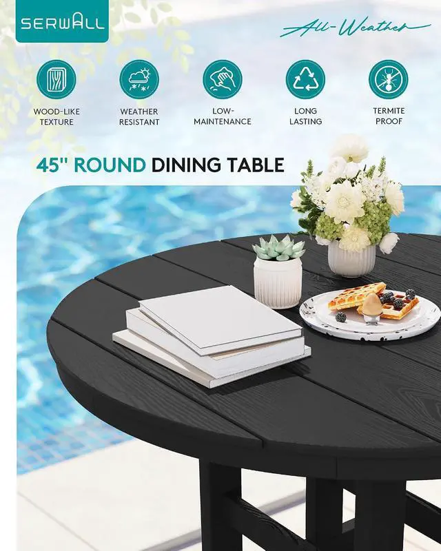 Alt view image 4 of 7 - Outdoor Round Dining Sets with Umbrella, HDPE Patio Table and Chairs Furniture Set, 45" Round Dining Table & 4 Dining Chairs & 1 9FT Umbrella, Black(Not Include Umbrella Base)