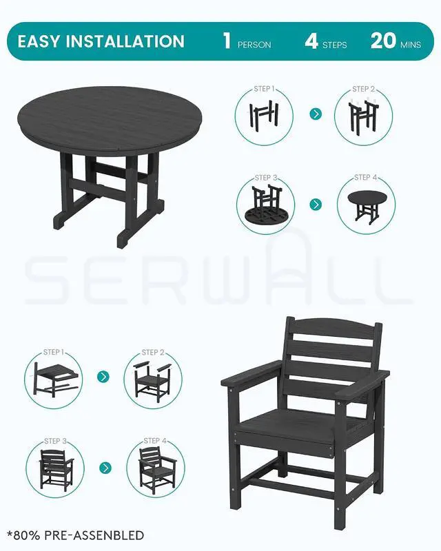 Alt view image 7 of 7 - Outdoor Round Dining Sets with Umbrella, HDPE Patio Table and Chairs Furniture Set, 45" Round Dining Table & 4 Dining Chairs & 1 9FT Umbrella, Black(Not Include Umbrella Base)