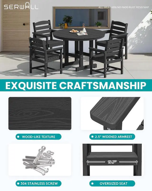 Alt view image 4 of 7 - 5-Piece Outdoor Round Dining Sets, HDPE Patio Table and Chairs Furniture Set, 45" Round Dining Table and 4 Dining Chairs, Black