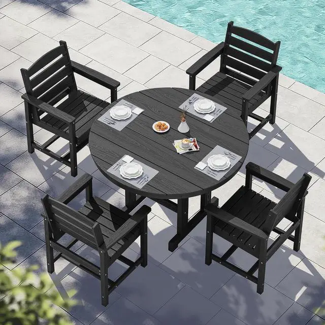 Main image of 5-Piece Outdoor Round Dining Sets, HDPE Patio Table and Chairs Furniture Set, 45" Round Dining Table and 4 Dining Chairs, Black