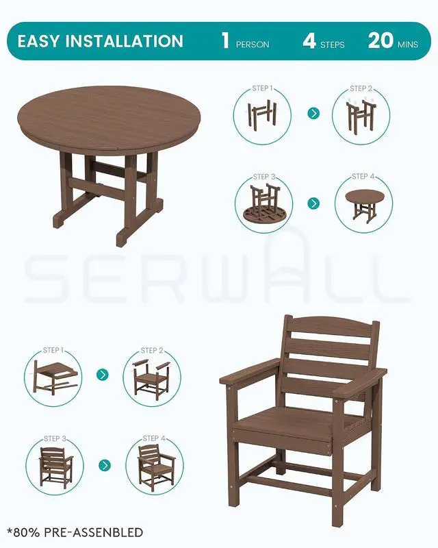 Alt view image 6 of 7 - 5-Piece Patio Dining Sets, HDPE Outdoor Table and Chairs Furniture Set, 45" Round Dining Table and 4 Dining Chairs, Brown