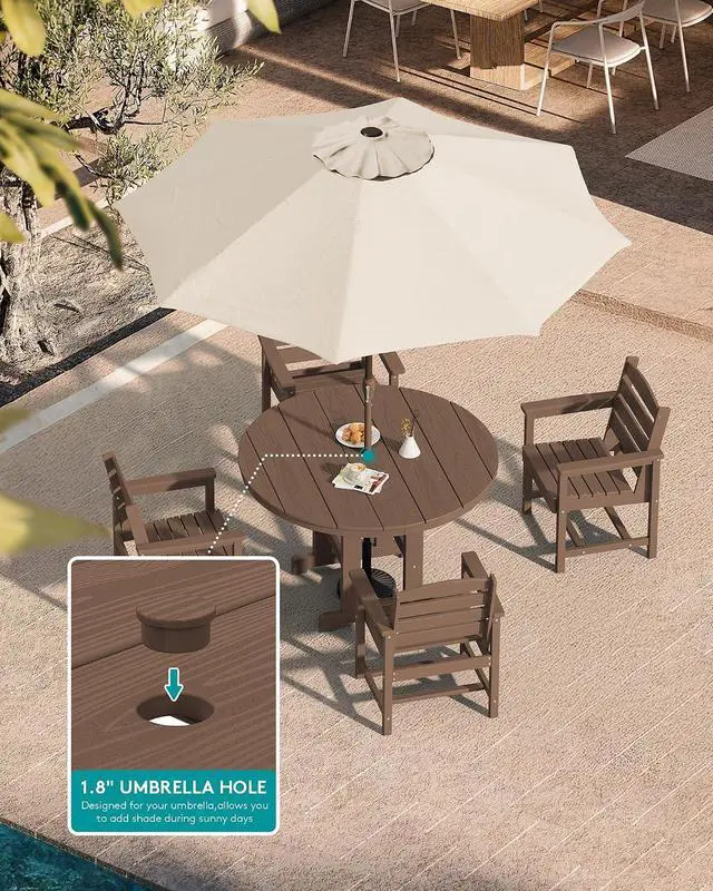 Alt view image 5 of 7 - 5-Piece Patio Dining Sets, HDPE Outdoor Table and Chairs Furniture Set, 45" Round Dining Table and 4 Dining Chairs, Brown