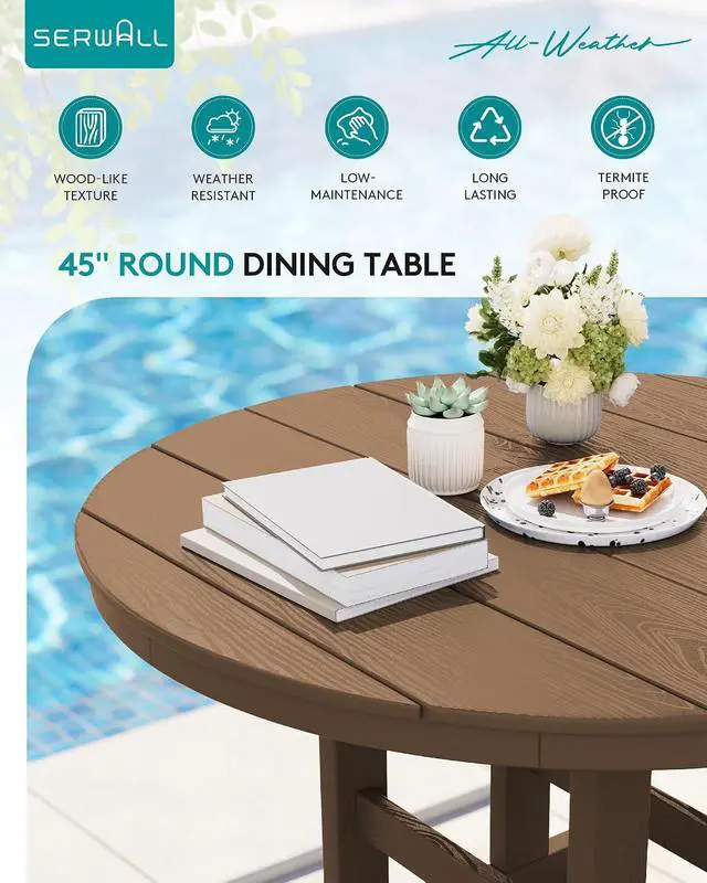 Alt view image 7 of 7 - 5-Piece Patio Dining Sets, HDPE Outdoor Table and Chairs Furniture Set, 45" Round Dining Table and 4 Dining Chairs, Brown