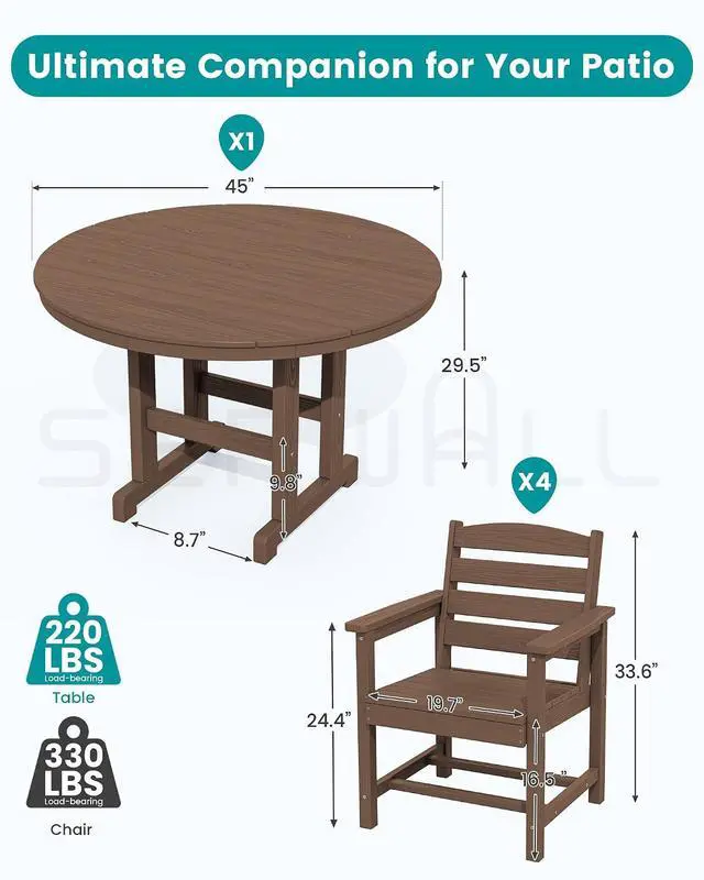 Alt view image 3 of 7 - 5-Piece Patio Dining Sets, HDPE Outdoor Table and Chairs Furniture Set, 45" Round Dining Table and 4 Dining Chairs, Brown