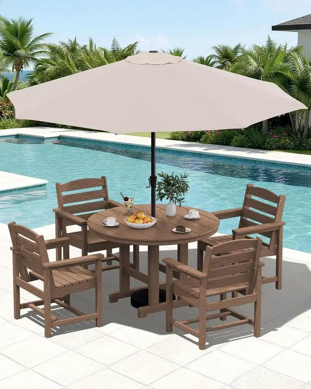 Main image of 6-Piece Patio Dining Sets, HDPE Outdoor Table and Chairs Furniture Set with Umbrella, 45" Round Dining Table & 4 Dining Chairs & 1 9FT Umbrella, Brown(Not Include Umbrella Base)