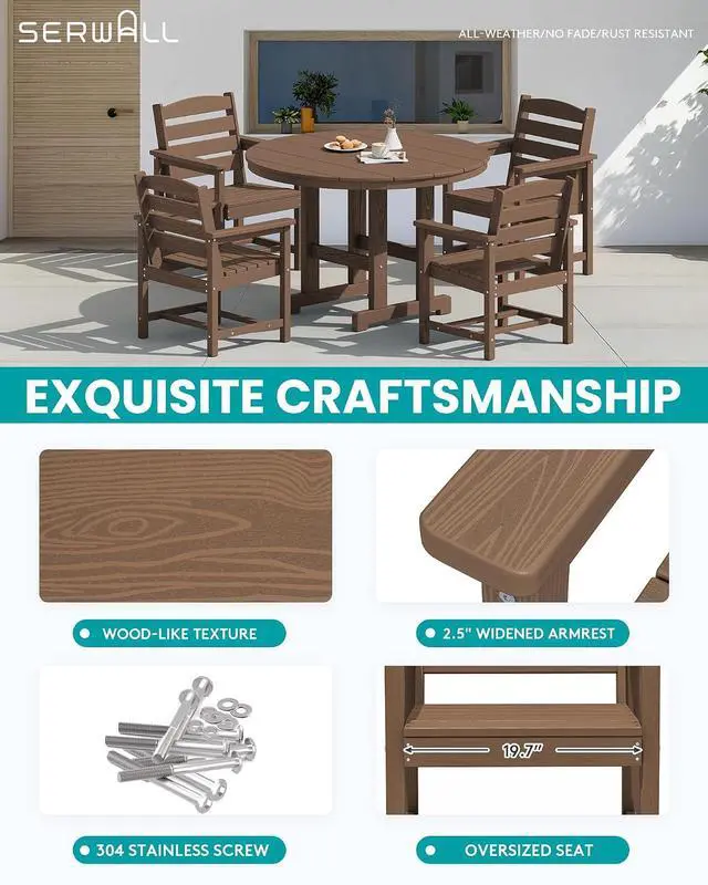 Alt view image 2 of 7 - 5-Piece Patio Dining Sets, HDPE Outdoor Table and Chairs Furniture Set, 45" Round Dining Table and 4 Dining Chairs, Brown