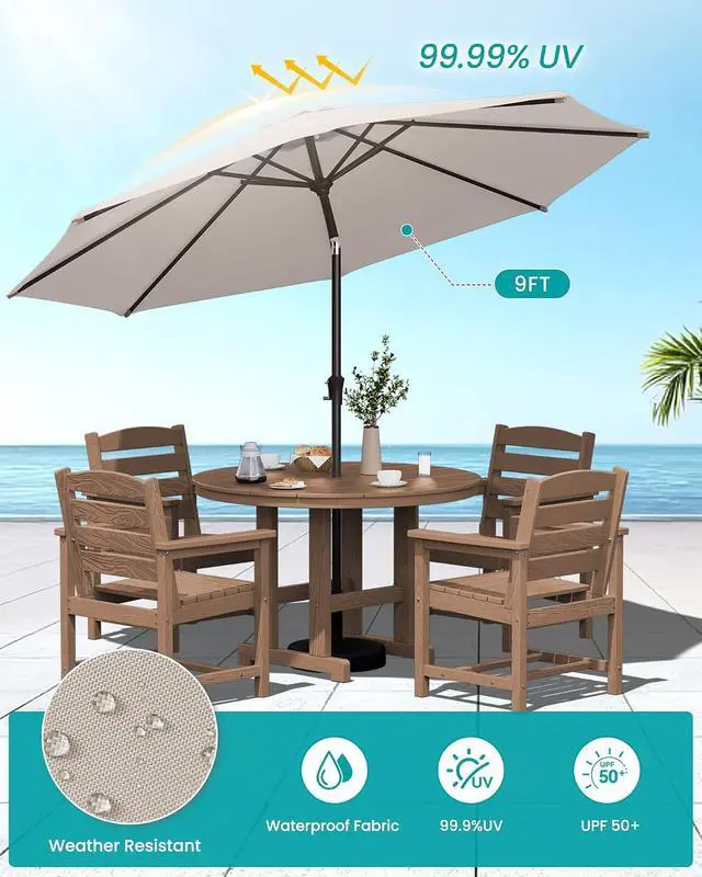 Alt view image 3 of 7 - 6-Piece Patio Dining Sets, HDPE Outdoor Table and Chairs Furniture Set with Umbrella, 45" Round Dining Table & 4 Dining Chairs & 1 9FT Umbrella, Brown(Not Include Umbrella Base)