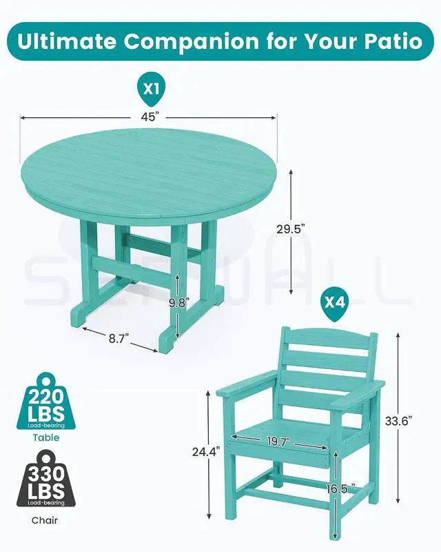 Alt view image 3 of 7 - 6-Piece Patio Dining Sets, HDPE Outdoor Table and Chairs Furniture Set with Umbrella, 45" Round Dining Table & 4 Dining Chairs & 1 9FT Umbrella, Aruba(Not Include Umbrella Base)
