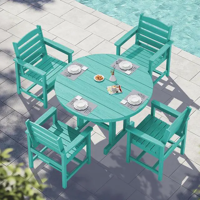 Alt view image 2 of 7 - 6-Piece Patio Dining Sets, HDPE Outdoor Table and Chairs Furniture Set with Umbrella, 45" Round Dining Table & 4 Dining Chairs & 1 9FT Umbrella, Aruba(Not Include Umbrella Base)