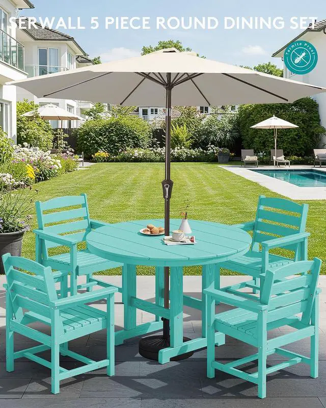 Alt view image 3 of 7 - 5-Piece Patio Dining Sets, HDPE Outdoor Table and Chairs Furniture Set, 45" Round Dining Table and 4 Dining Chairs, Aruba