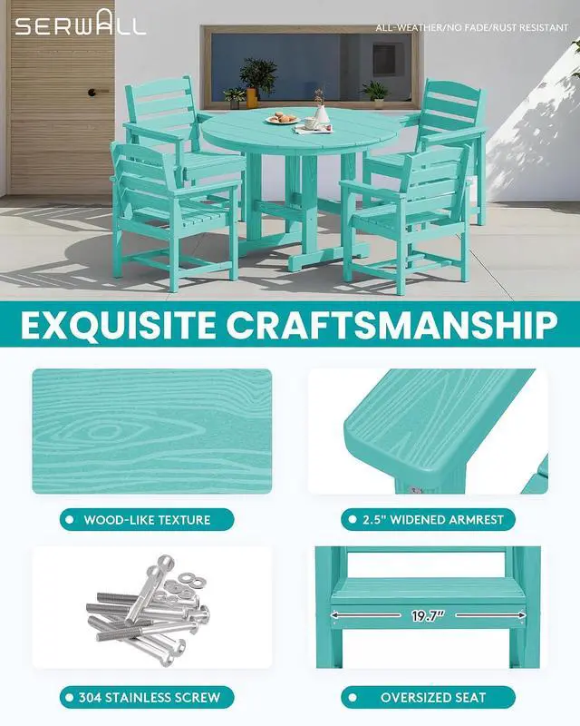 Alt view image 4 of 7 - 6-Piece Patio Dining Sets, HDPE Outdoor Table and Chairs Furniture Set with Umbrella, 45" Round Dining Table & 4 Dining Chairs & 1 9FT Umbrella, Aruba(Not Include Umbrella Base)