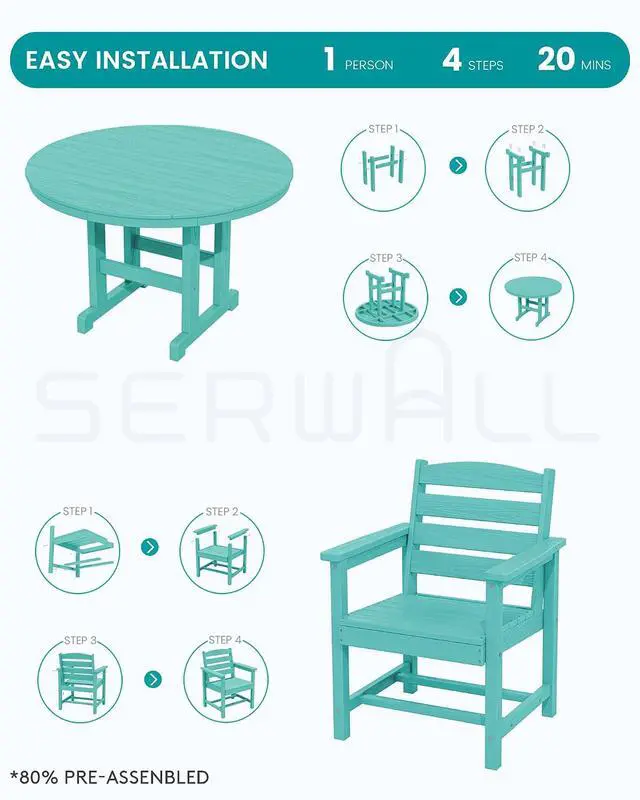 Alt view image 6 of 7 - 6-Piece Patio Dining Sets, HDPE Outdoor Table and Chairs Furniture Set with Umbrella, 45" Round Dining Table & 4 Dining Chairs & 1 9FT Umbrella, Aruba(Not Include Umbrella Base)
