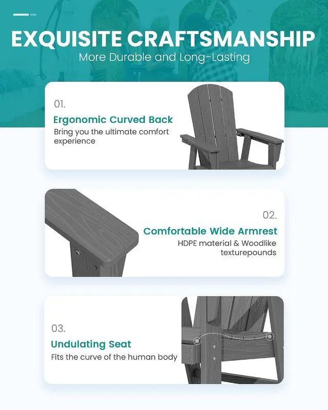 Alt view image 3 of 7 - Outdoor Adirondack Dining Chair Set of 2, All Weather HDPE Patio Chairs, Grey