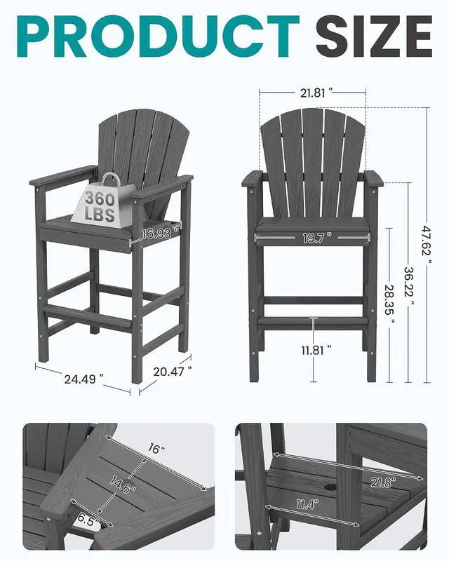 Alt view image 2 of 7 - Tall Adirondack Chairs Set of 2 with Double Layer Connecting Tray, HDPE Bar Height Outdoor Chairs, Wood-Like Adirondack Bar Stools for Patio, Balcony, Porch, Grey