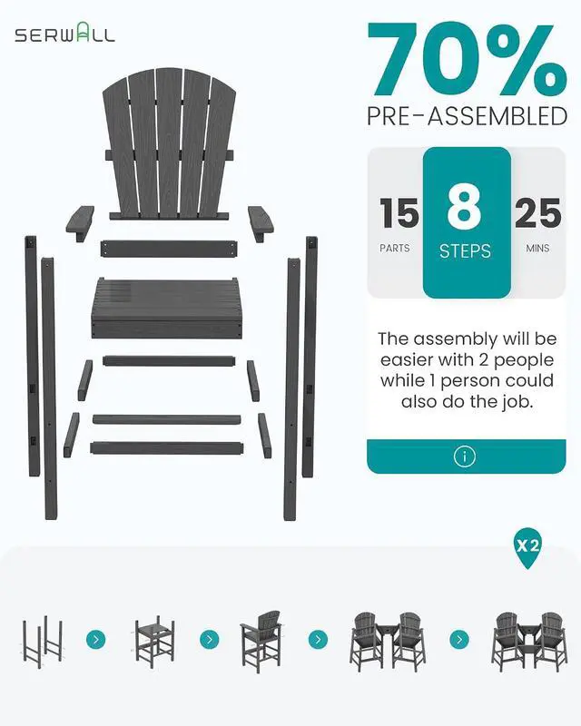 Alt view image 7 of 7 - Tall Adirondack Chairs Set of 2 with Double Layer Connecting Tray, HDPE Bar Height Outdoor Chairs, Wood-Like Adirondack Bar Stools for Patio, Balcony, Porch, Grey