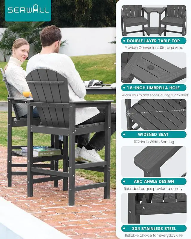 Alt view image 4 of 7 - Tall Adirondack Chairs Set of 2 with Double Layer Connecting Tray, HDPE Bar Height Outdoor Chairs, Wood-Like Adirondack Bar Stools for Patio, Balcony, Porch, Grey