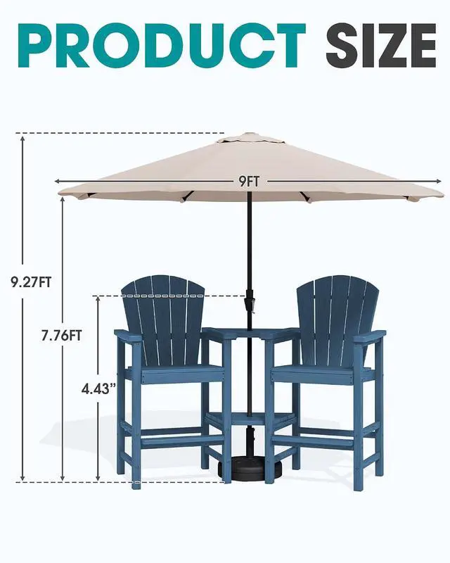 Alt view image 2 of 7 - Tall Adirondack Chairs Set of 2 with 9FT Umbrella, HDPE Bar Height Outdoor Chairs, Wood-Like Adirondack Bar Stools for Patio, Balcony, Porch, Blue