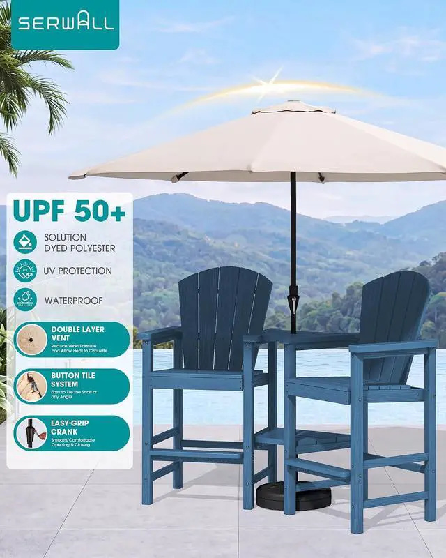 Alt view image 3 of 7 - Tall Adirondack Chairs Set of 2 with 9FT Umbrella, HDPE Bar Height Outdoor Chairs, Wood-Like Adirondack Bar Stools for Patio, Balcony, Porch, Blue