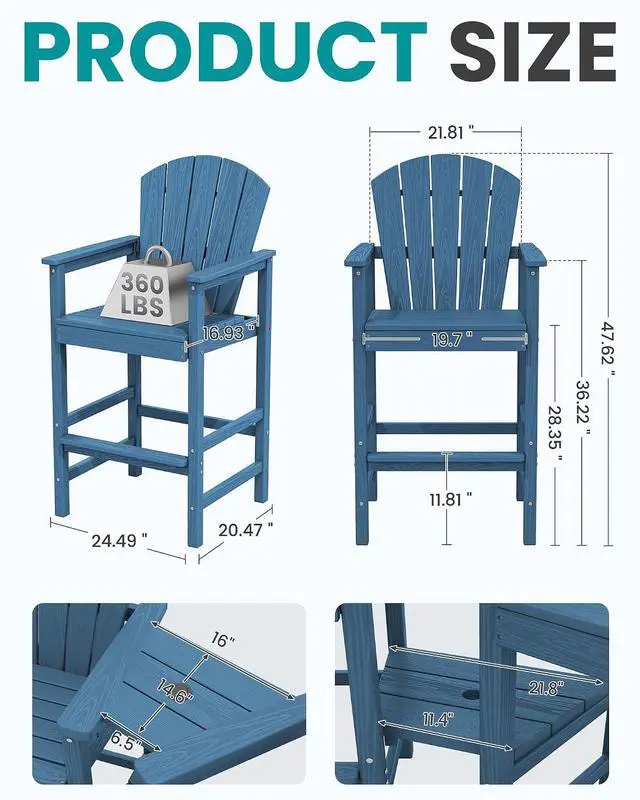 Alt view image 4 of 7 - Tall Adirondack Chairs Set of 2 with 9FT Umbrella, HDPE Bar Height Outdoor Chairs, Wood-Like Adirondack Bar Stools for Patio, Balcony, Porch, Blue