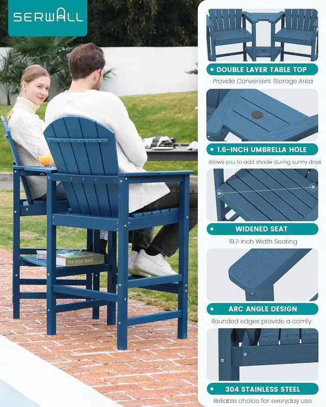 Alt view image 6 of 7 - Tall Adirondack Chairs Set of 2 with 9FT Umbrella, HDPE Bar Height Outdoor Chairs, Wood-Like Adirondack Bar Stools for Patio, Balcony, Porch, Blue