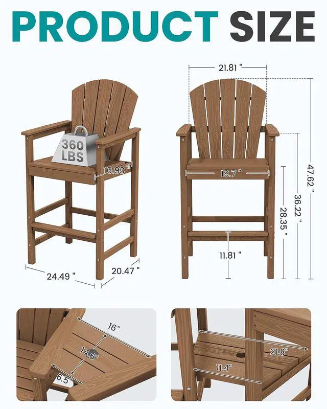 Alt view image 4 of 7 - Tall Adirondack Chairs Set of 2 with 9FT Umbrella, HDPE Bar Height Outdoor Chairs, Wood-Like Adirondack Bar Stools for Patio, Balcony, Porch, Brown