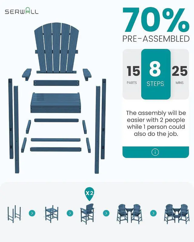 Alt view image 7 of 7 - Tall Adirondack Chairs Set of 4 with Double Layer Connecting Tray, HDPE Bar Height Outdoor Chairs, Wood-Like Adirondack Bar Stools for Patio, Balcony, Porch, Blue